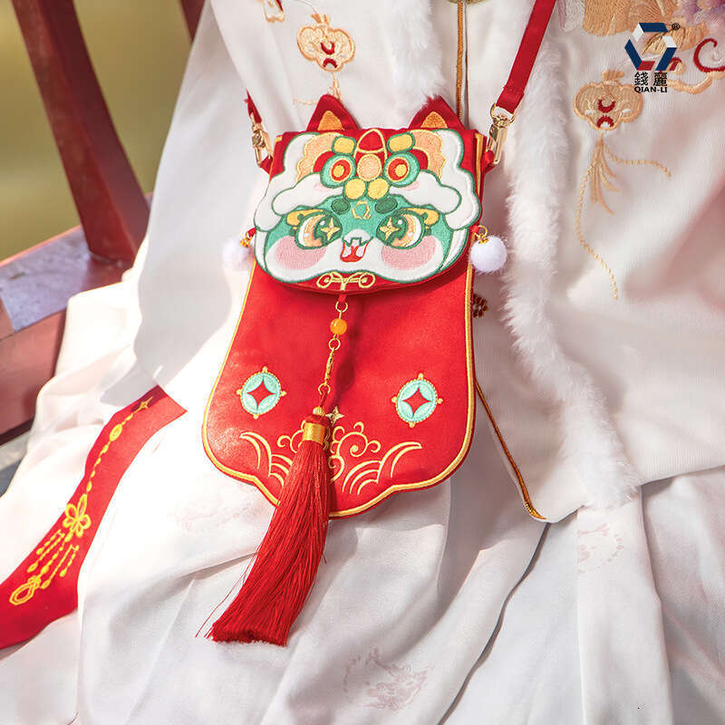 New Hanfu Accessories Ancient Style Crossbody Embroidered Snake Year Red Envelope Vertical Flip Square Bag Evergwish