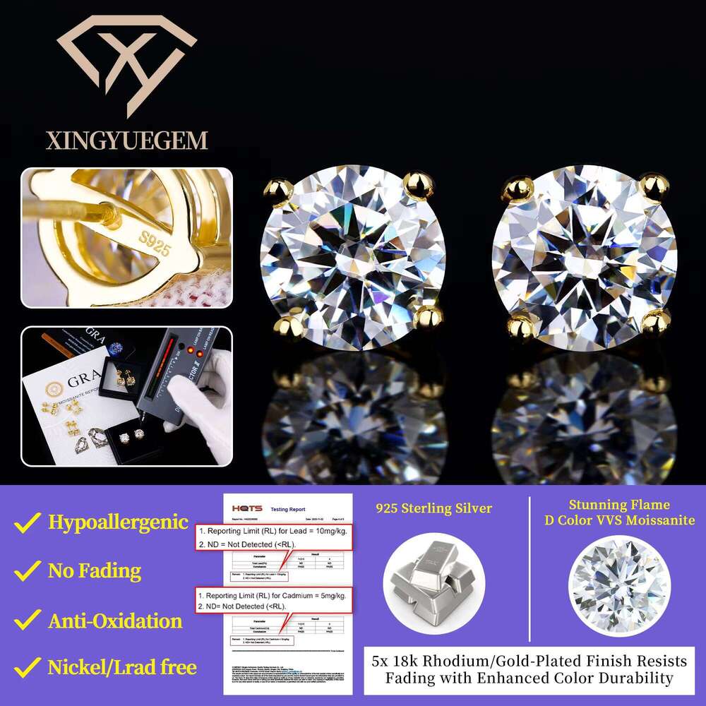 6.5Mm 1 Carat Yellow Gold Plated Color Sparkling Party Fine Jewelry Gifts White Moissanite Stud Earrings For Women
