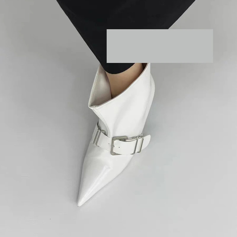Chinese Style 2025 Belt Buckle Fashion Boots High Heel Pointed Toe Booties MidLeg 260208
