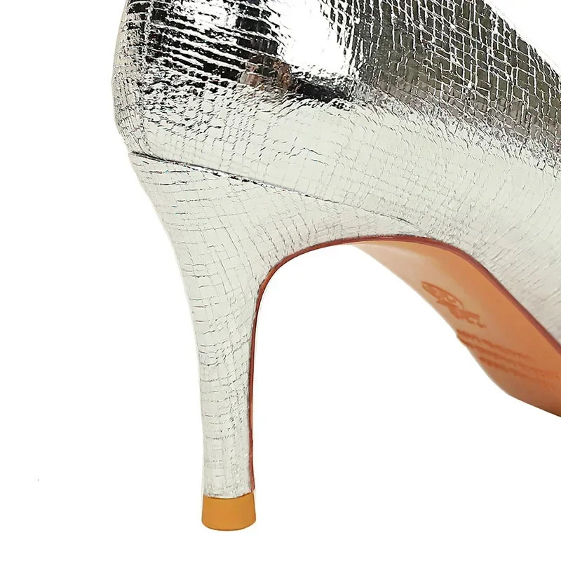Spring Autumn Women 7cm High Heels Fashion Retro Holiday Party Pumps Lady Gold Silver Daily Office Pointed Toe Low Heels 260123