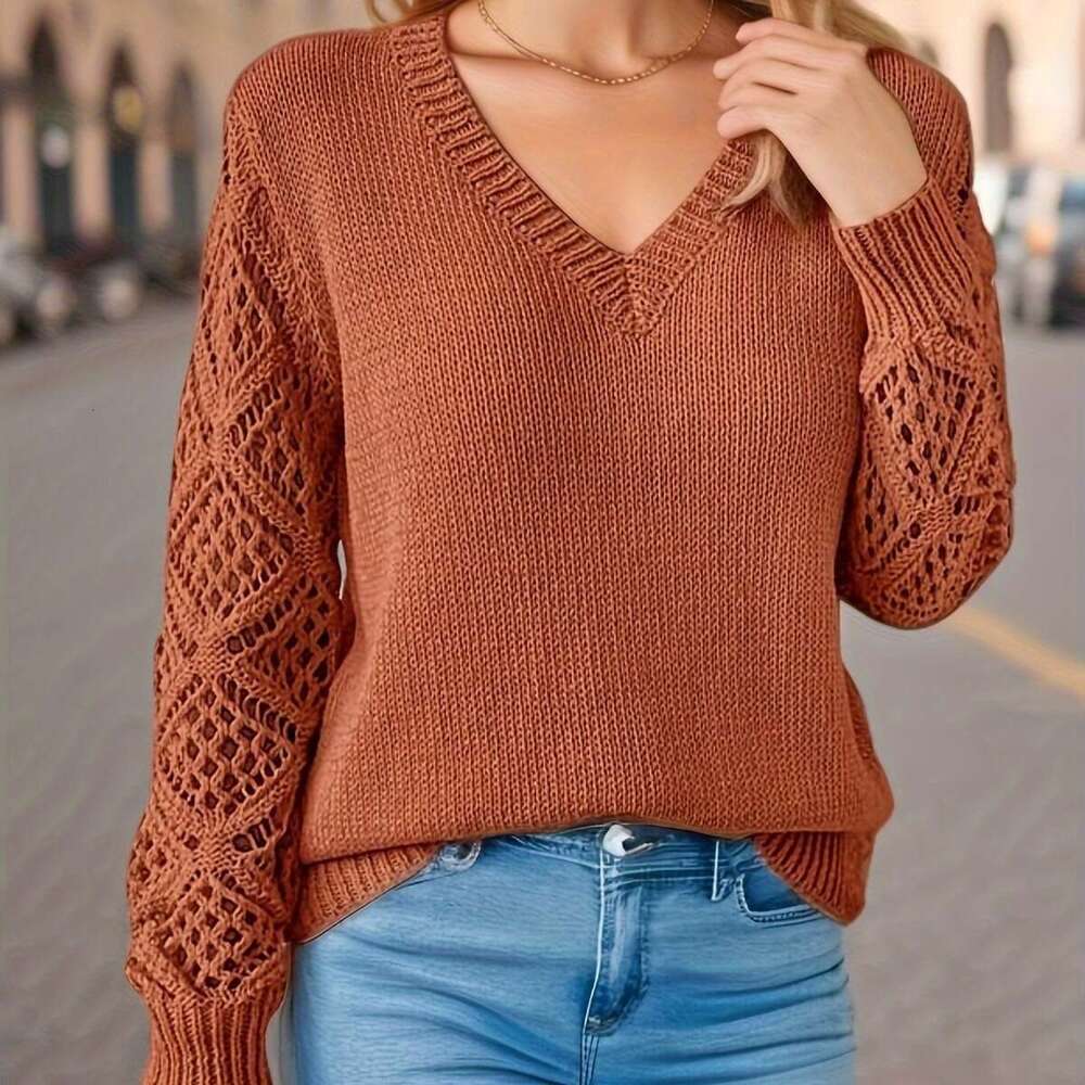 Spring and Autumn Hollow Knitted Sweater Women's Pullover Long Sleeve Crochet Jacquard Loose V-neck Base Shirt