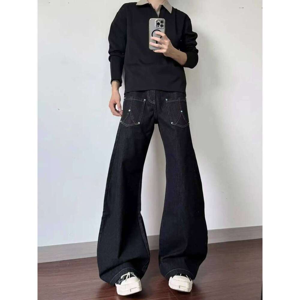 2026 Retro Black Bright Line Washed Scimitar Jeans Street Design Wide Leg Show High Brand Trousers Joggers Men