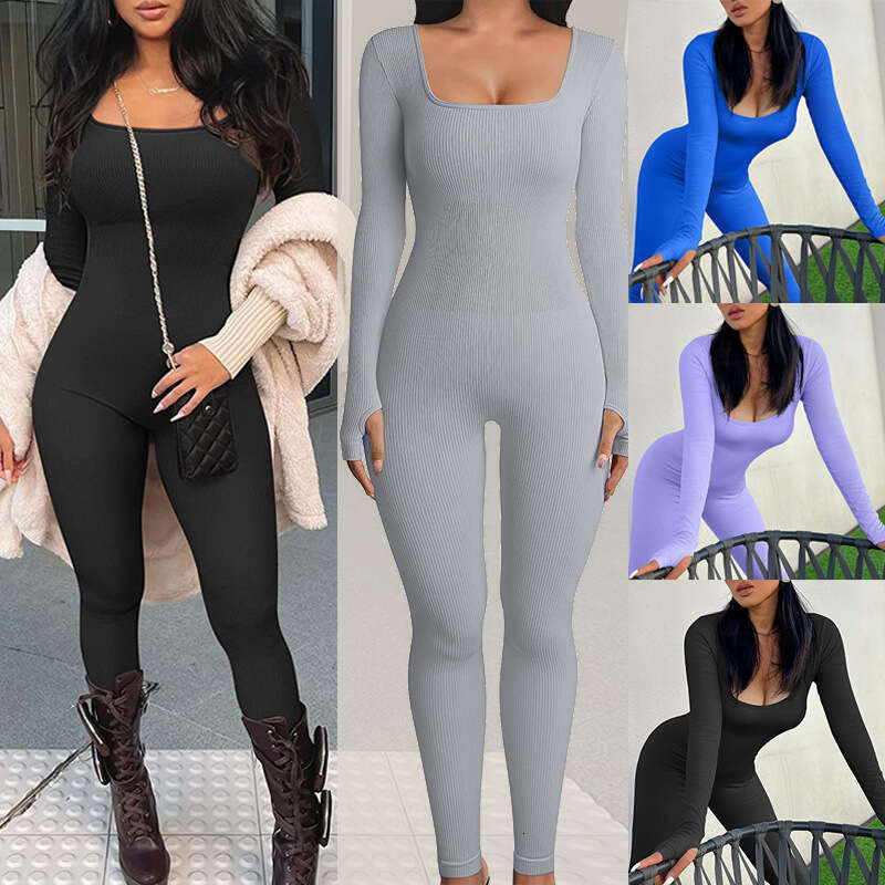 European American foreign trade women s jumpsuit spring and autumn ribbed square neck hip lifting slim fit sexy luanyun