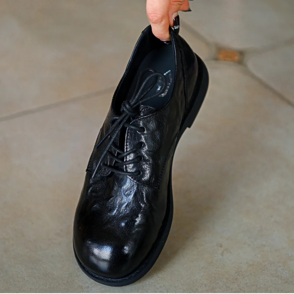 Womens Cow Leather Laceup Flats Oxfords Round Toe Retro British Style High Quality Soft Comfortable Genuine Daily Shoe 260208