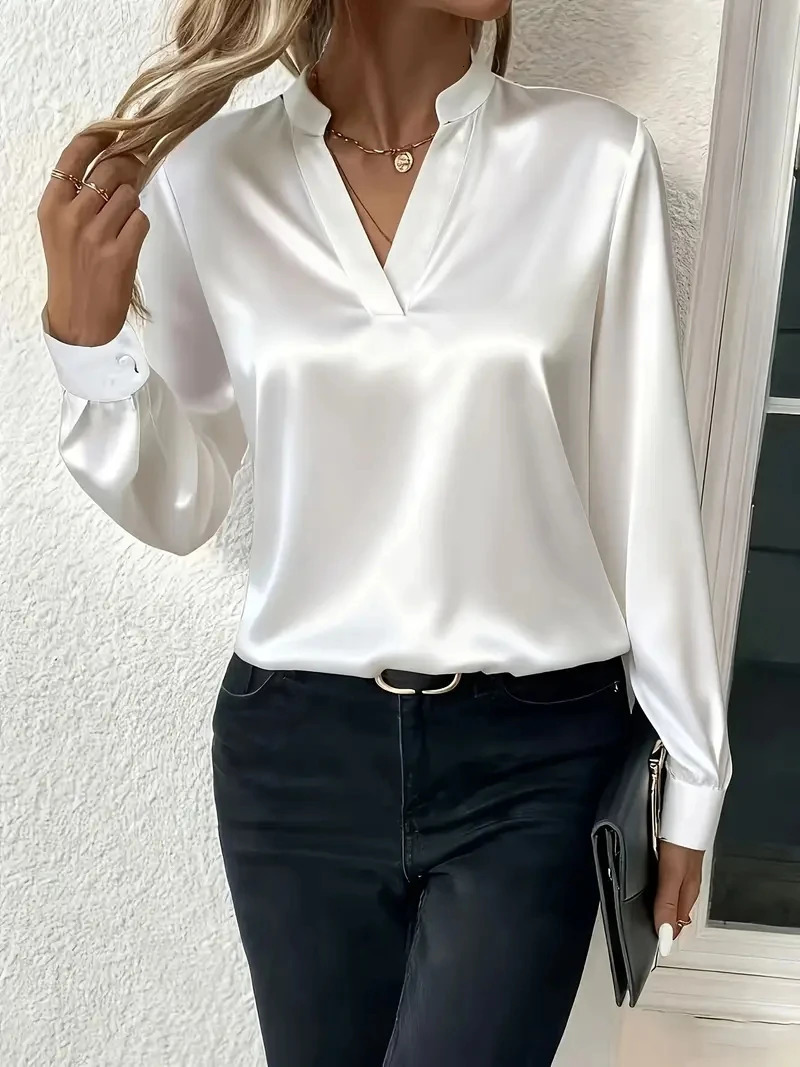Elegant Long Sleeve VNeck SilkLike Top for Women Perfect Office Evening Wear 260207