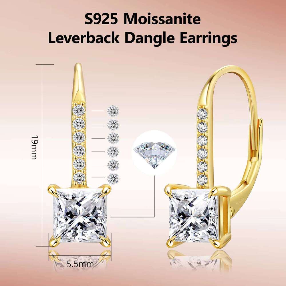 Princess Cut Moissanite Dangle 14K Gold Plated 925 Silver 1.2Ct/2.0Ct VVS Lab Diamond French Leverback Drop Earring For Women