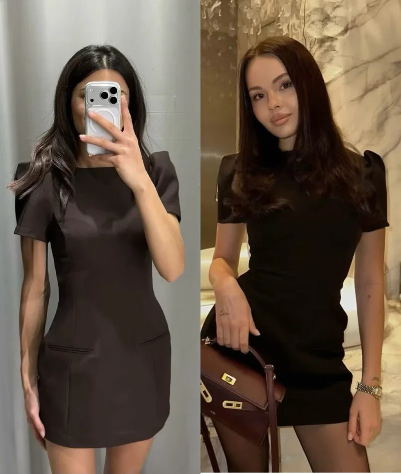 ETJ 2025 womens products are elegant and stylish Short dress with a boat neck and short sleeves with pleats black dress 260122