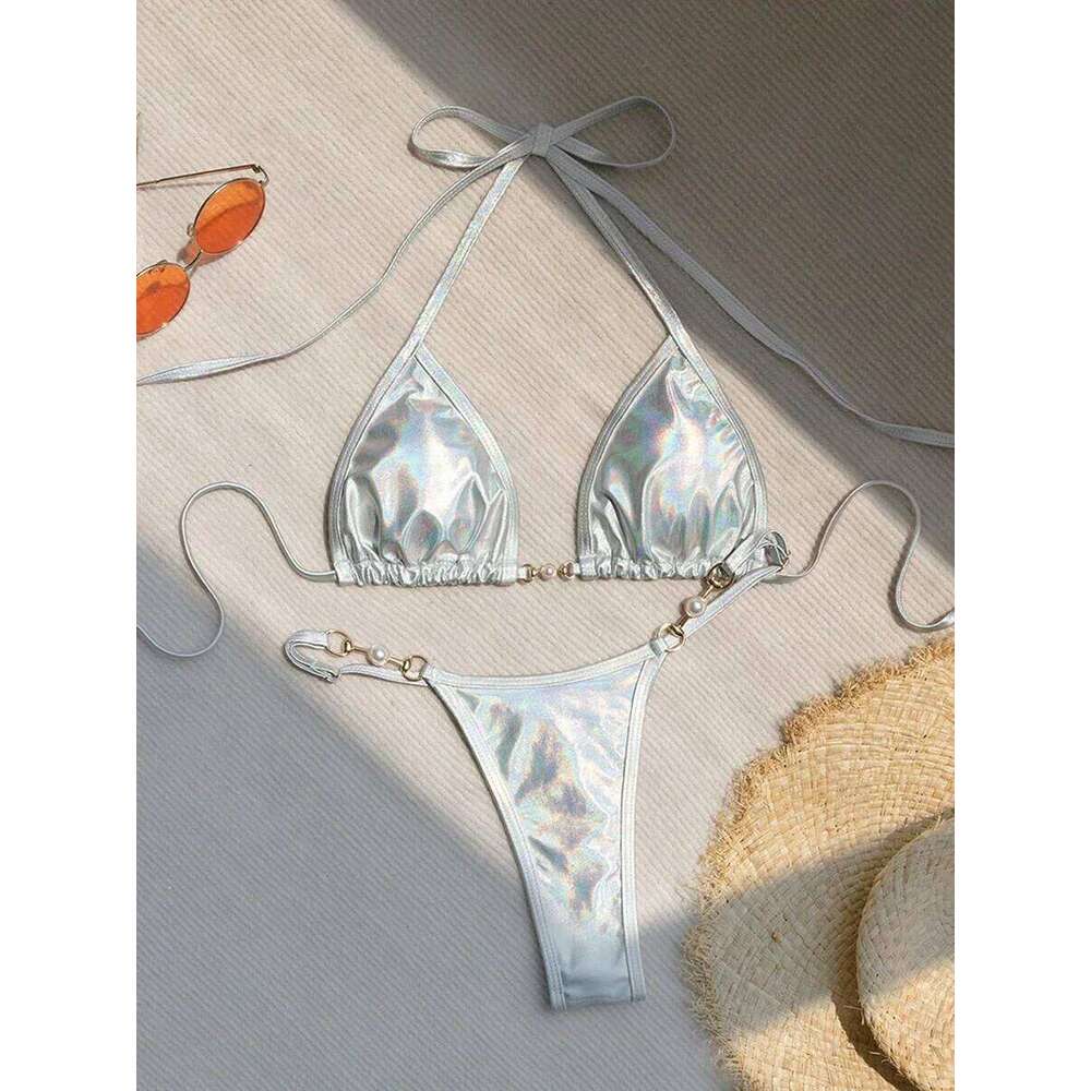 Sexy Micro Bikini 2024 Women Swimwear Metallic Halter Triangle Bikinis Sets Thong Swimsuit Female Bathing Suit Brazilian Biquini C260207