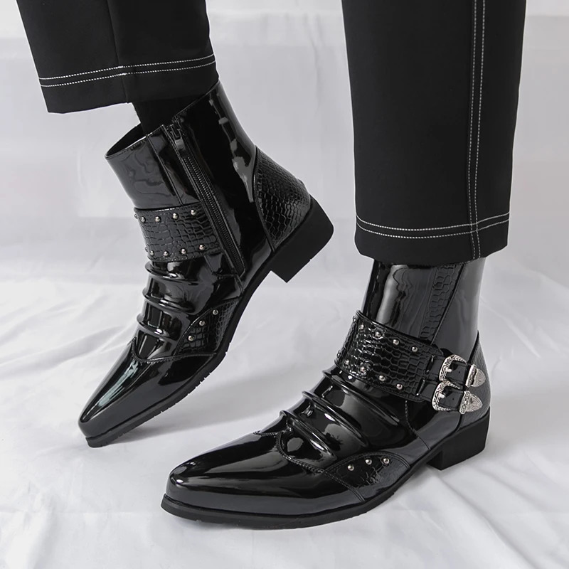 Men Pointed Toe Punk Rock Belt Buckle Leather Casual Chelsea Ankle Boot Winter High Top Monk Strap Hiphop Shoes 260208