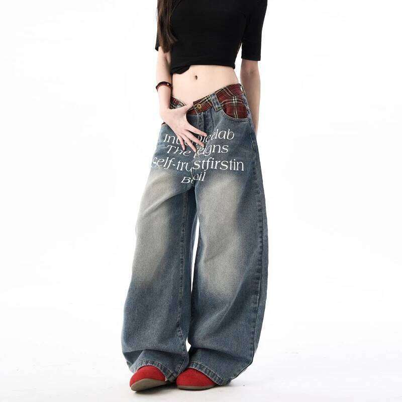 New retro plaid splicing waistband jeans fashionable street letter print loose wide pants for men and women