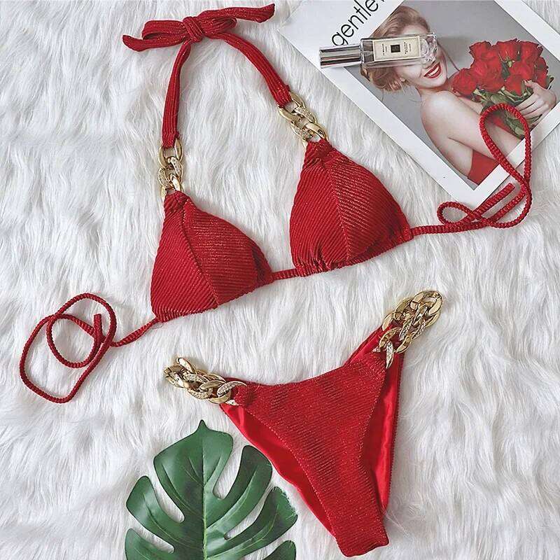 Halter Chains Rhinestone Diamond Women Swimsuit Female Ribbed Swimwear Two Pieces Bikini set Brazilian Bathing Suit Swim C260207