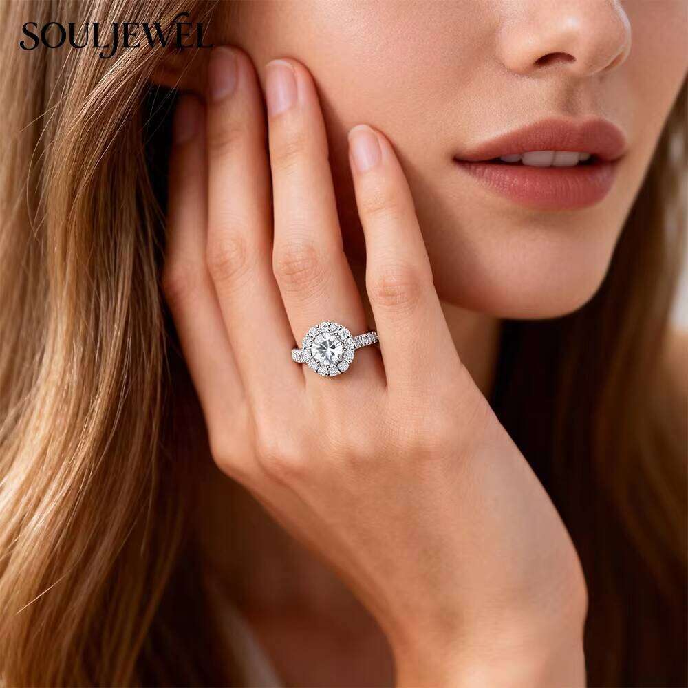 Souljewel Flower Shape 925 Sterling Silver Moissanite Halo Eternity Band Prong Setting Rhodium Plated Luxury Wedding Ring