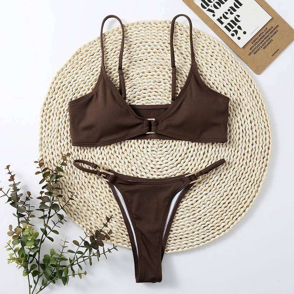 Rib Buckle Linked Thong Bikinis 2025 Women Sexy Swimsuit Solid Swimwear Female Padded Bathing Swimming Suit Beachwear Summer C260207