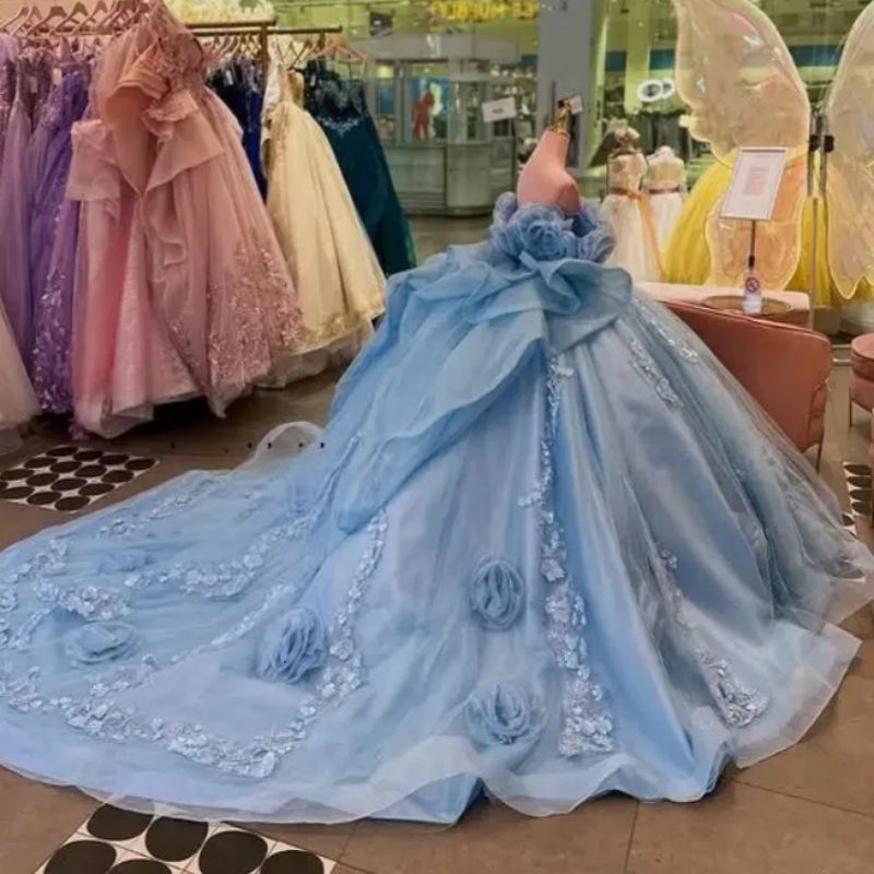 Blue Quinceanera Handmade 3D Flowers Ruffles Applique Beads Tulle Court Train Sweet 16 Birthday Party Dresses 4F08