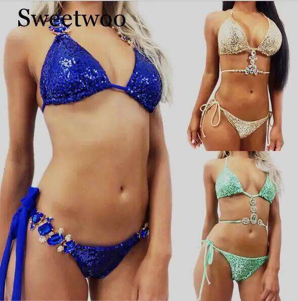 New Ornaments Swimwear Women Sequins Diamond Bikini set Bathing Suit Sexy Push up Stones Straps Swimsuit Monokini C260207