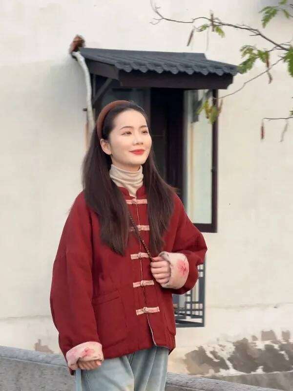 New Chinese Sle Double-Sided Wear Cotton Jaet With Button Design Retro National Trend Large Size Straight Tube Sve