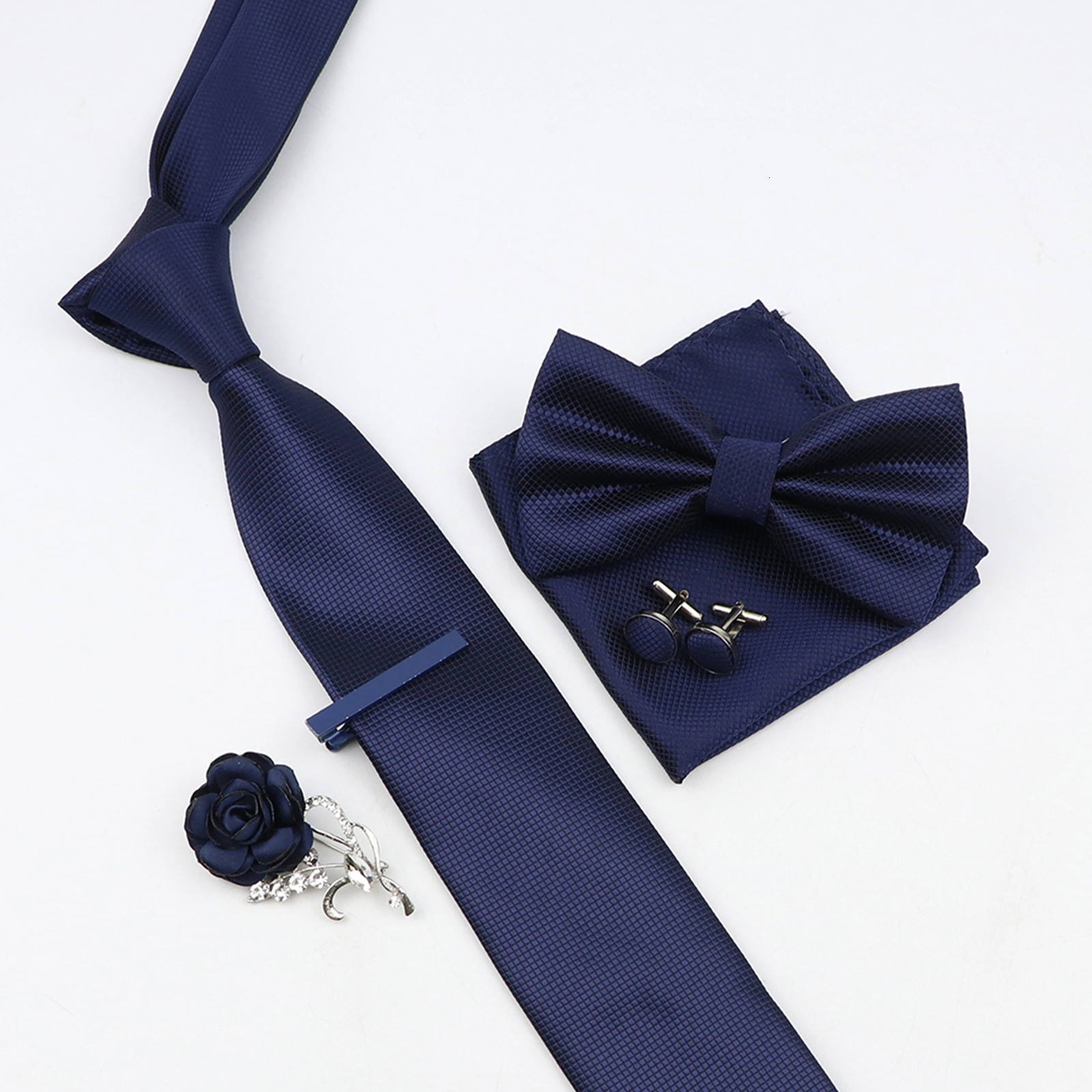 Solid Color Mens Tie Bowtie Set Black Pink Red Blue Purpple Polyester Jacquard Woven Necktie Cufflinks Brooches Ties Gift 260130