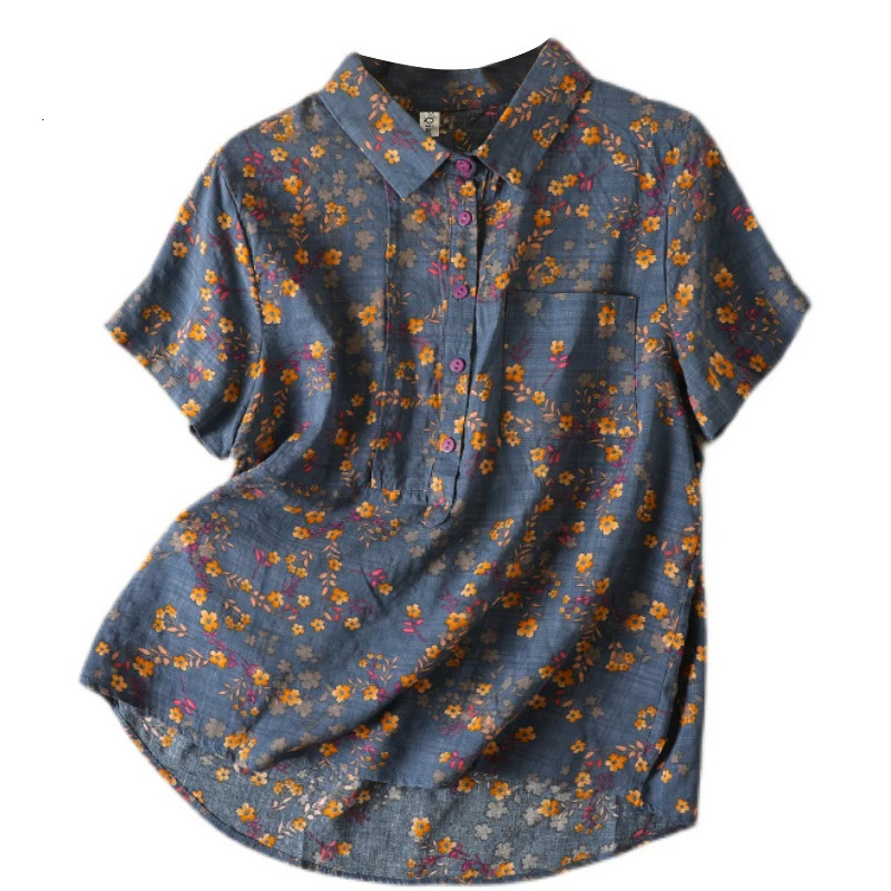 Vintage Floral Print Womens Shirt Summer Fashion Short Sleeve Pocket Loose Casual Blouse Female Comfortable Soft Thin Daily Top 260207