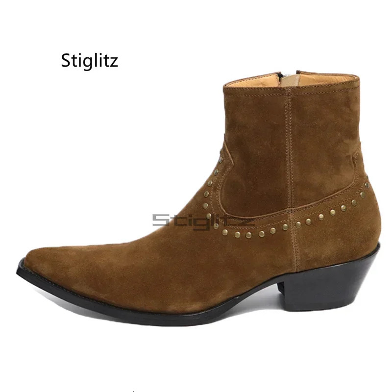 Riveted Cowboy Chelsea Boots for Men Brown Black Side Zipper Mens British Style Suede Leather Ankle Shoes Botas 260208