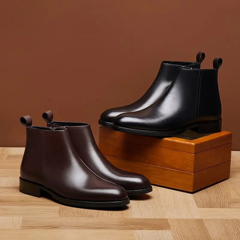 High Top Mens Chelsea Boots Genuine Leather British Business Formal Dress Shoes Winter Autumn Cowhide 260208