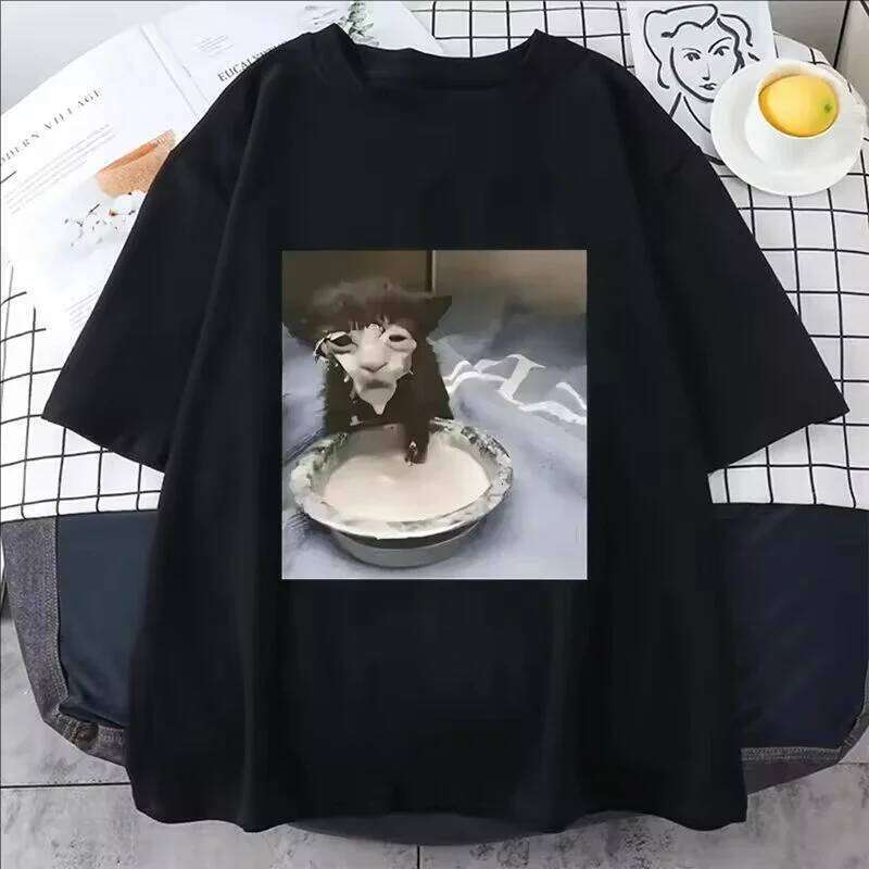 Men Women Milk Face Meme Print T Shirt Humor Funny Cat Graphic T-Shirts Fashion Trend Quality Cotton Oversized Streetwear C260207