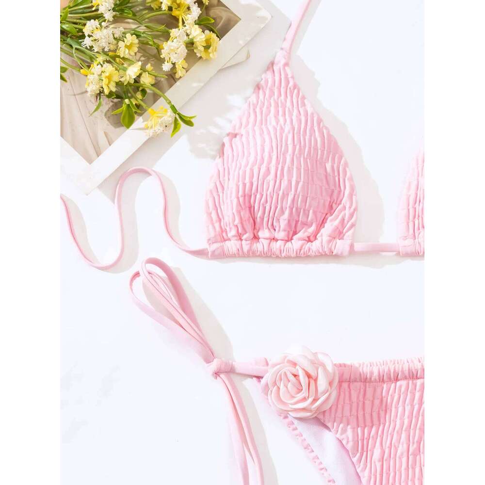 sexy 3D pink flower wrinkled halter string bikinis sets two pieces high waist swimsuit padded thong swimwear female bathing suit C260207