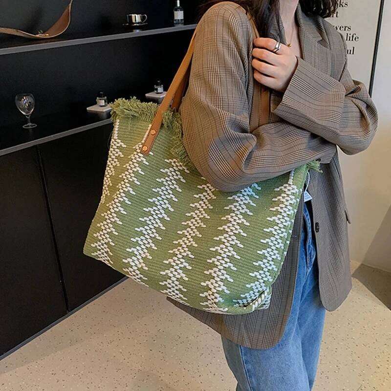 Casual Travel Stripe Design Shoulder New Tassel Handbags Woven Canvas Women's Large Capacity Tote Bag C260207