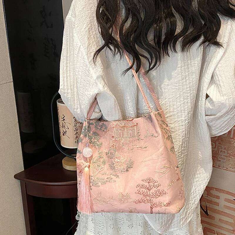New Chinese Style Shoulder Retro Silk Tassel Bucket Bag Fashion Handbag Large Capacity Women's Casual Crossbody Bags