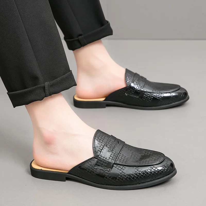 Britain Mens Loafers Business Half Shoes for Male Patent leather Mules Non-slip Outdoor Summer Moccasins 260124