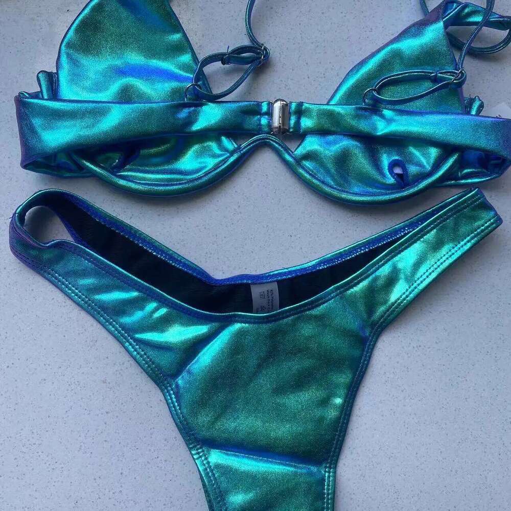 Sexy Triangle Bikini 2022 holographic Blue Push Up Extreme Thong Swimwear Brazilian Bandage Bathing Suit Swimsuit Micro Biquini C260207