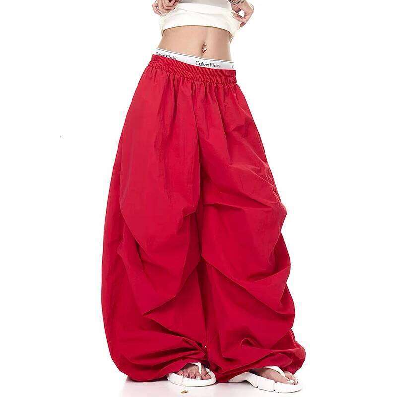 2025 Autumn Men's Parachute Baggy Oversize Red Long Cargo Pants Harajuku Japanese 2000s Style Y2k Vintage Trousers Clothes
