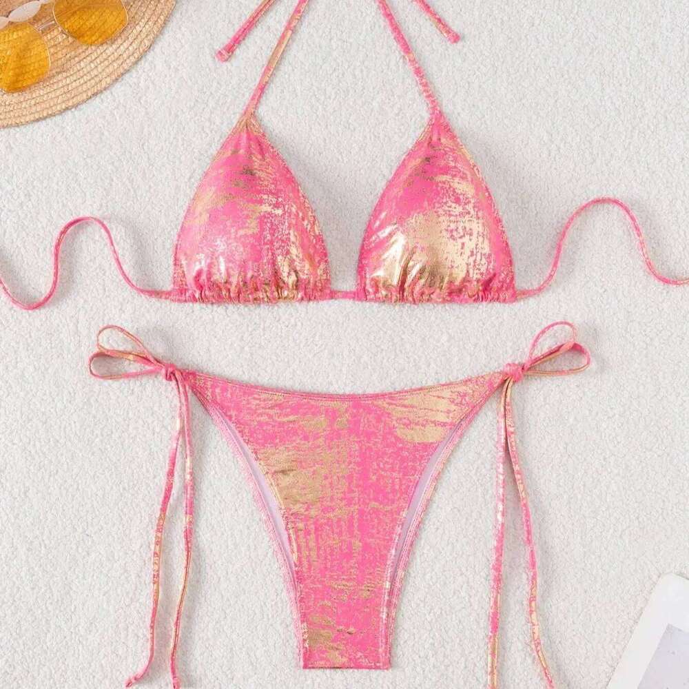 DEKA Sexy Gold Halter Bikinis Sets Lace-Up Triangle Tie Side Bikini Swimsuit Women Swimwear Brazilian Female Bathing Suits C260207