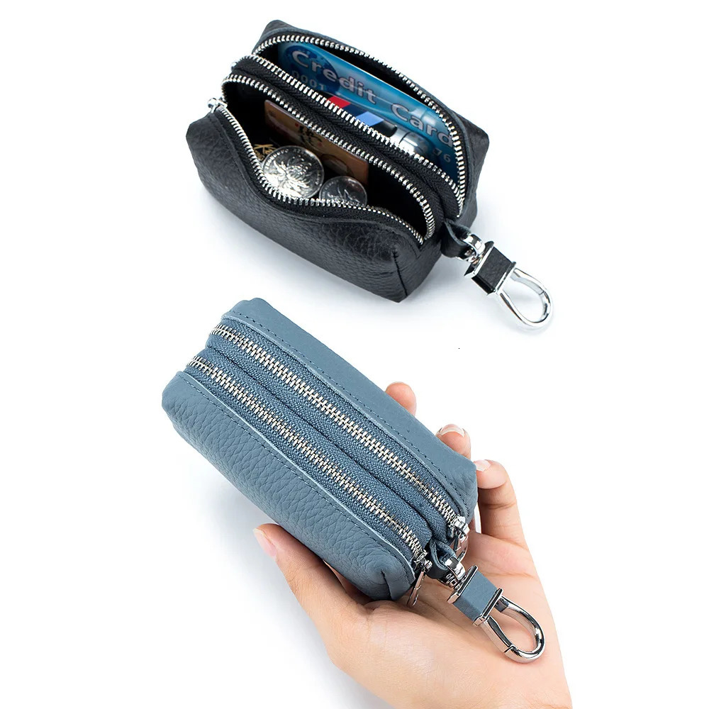 Made of Genuine Leather Car Key Wallets Fashion Key Holder Housekeeper Keys Organizer Double Zipper Keychain Case Key Coin Pouch 260129