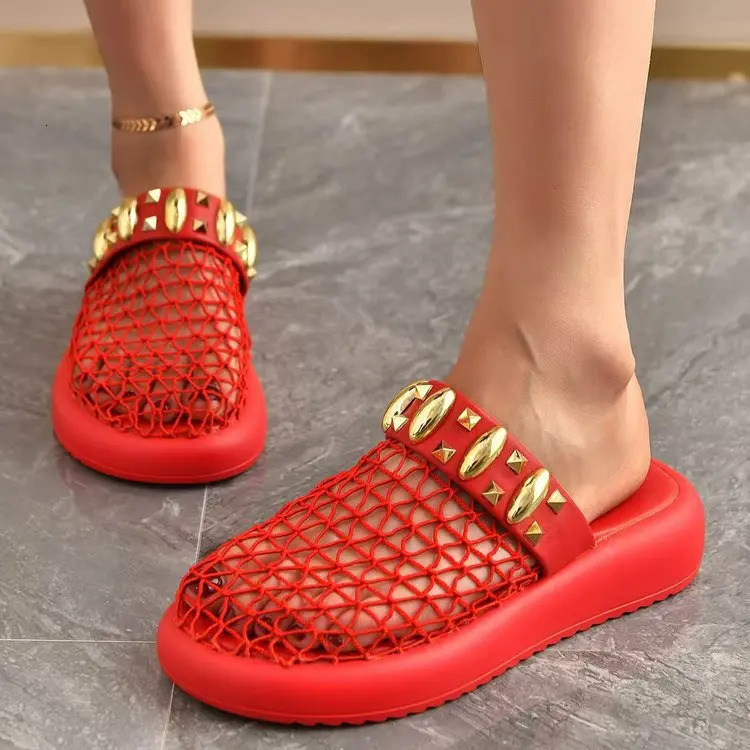 2026 hollowed out breathable toe cap half drag thick sole Roman temperament versatile fashion beach slippers 260208