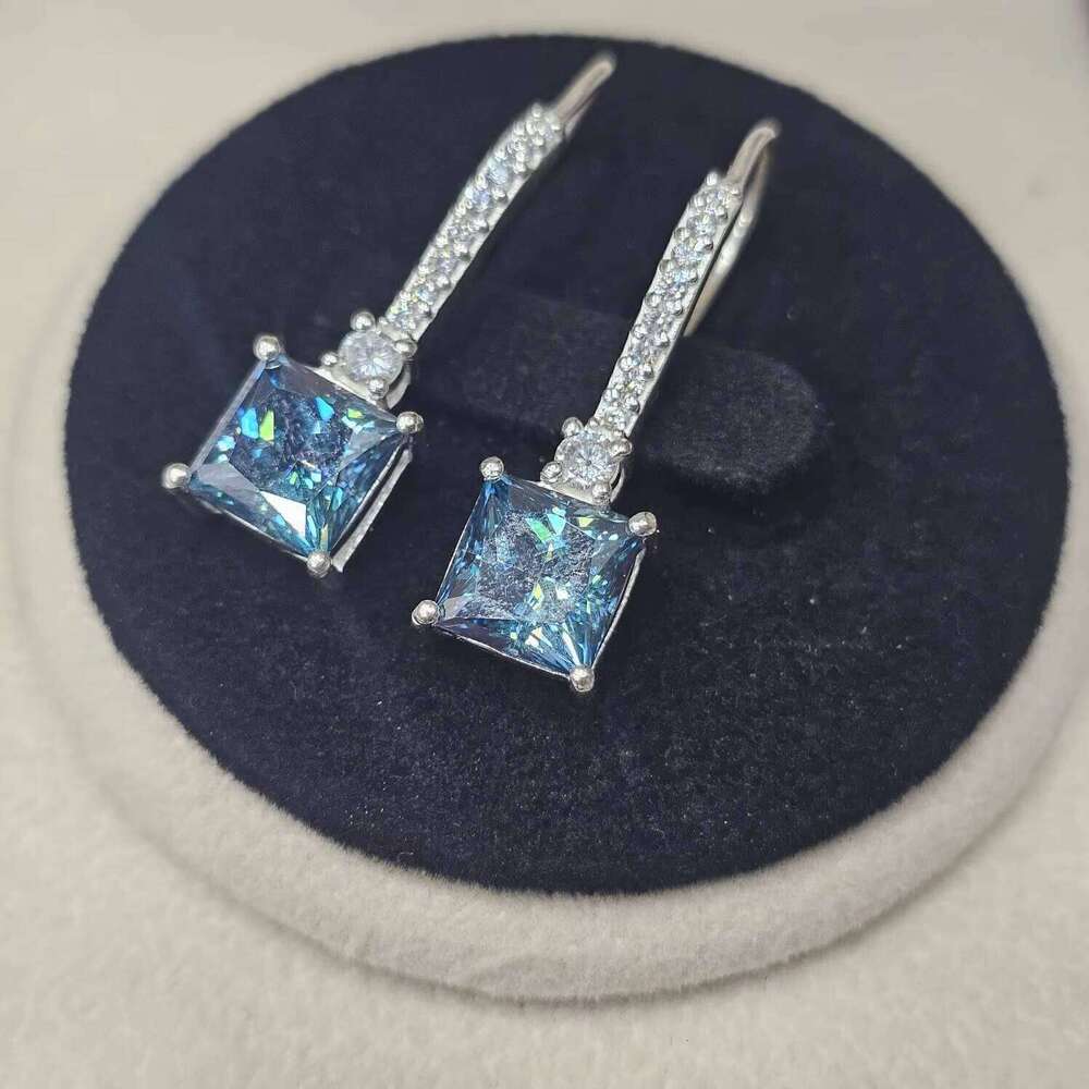 Original Fine Earrings 925 Sterling Silver Excellent Quality Latest Trendy Square Cut Blue Coated Moissanite Gemstone