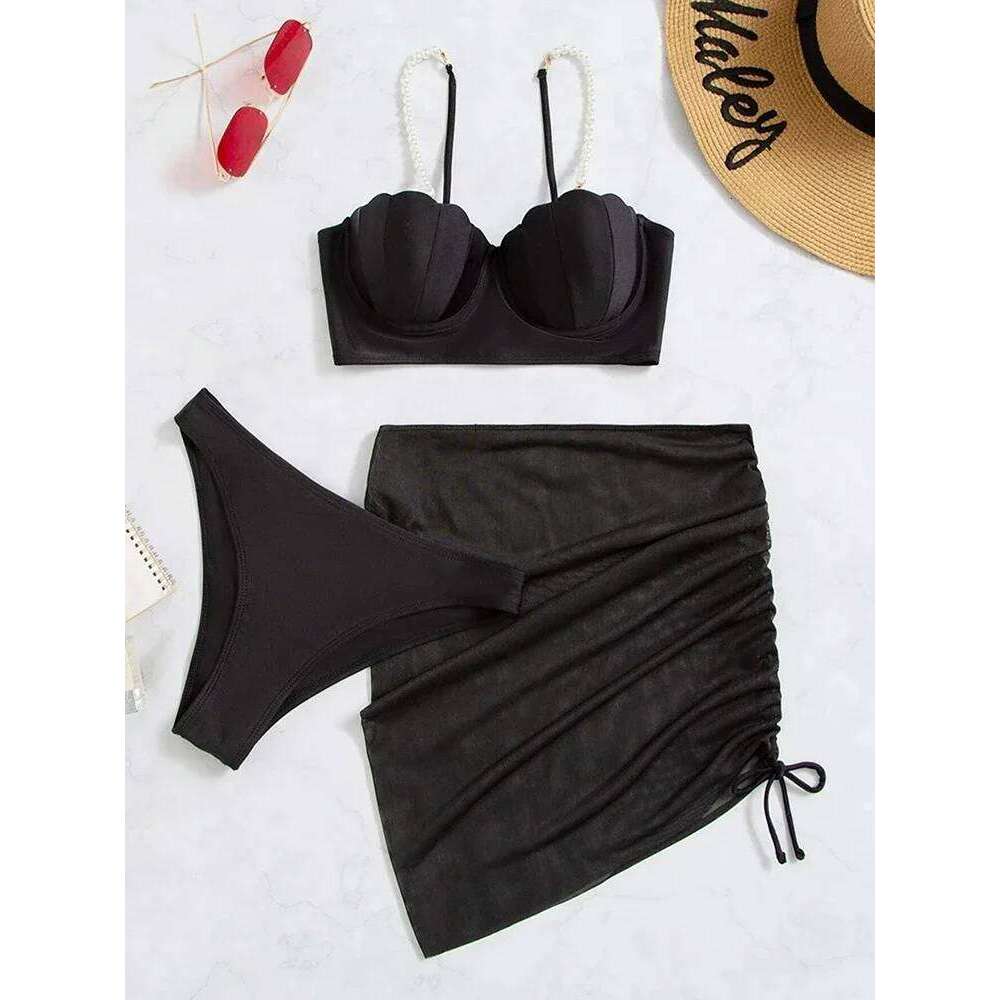 2024 New Sexy 3 Piece Bikinis Set Women Swimsuit with Skirt Swimwear Female Push Up Bikini Beachwear Faux Pearl Bathing Suit C260207
