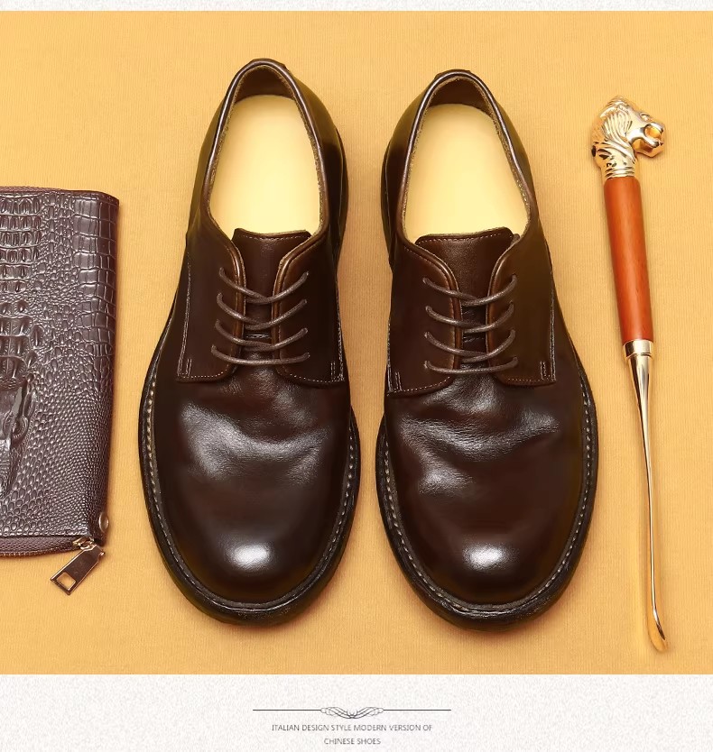 Men's Formal Business Shoes British Style New Large Head Top Layer Cowhide Genuine Leather Goodyear Welt Handmade Derby Shoes
