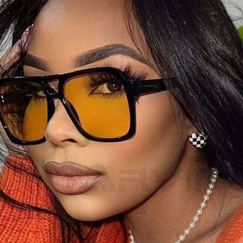 2025 Double Bridge Square Women Sunglasses Vintage Brand Big Frame Sunglass Shades UV400 Women's Black Yellow Sun Glasses Y260207