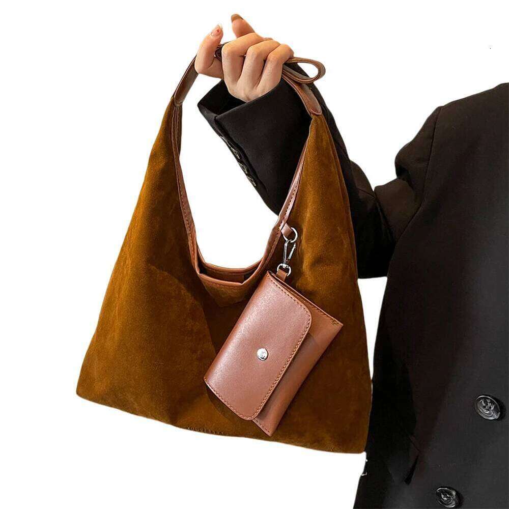 Women Suede Shoulder with Inner Pocket Hobo Magnetic Closure Large Handbag Commuting Shopping Bag C260207