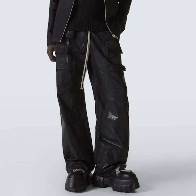 HKSH American High Street RO Brushed Wax Leather Coated Multi-Pocket Double Ring Cargo Pants Men Trend Wide-Leg Overalls HK18468