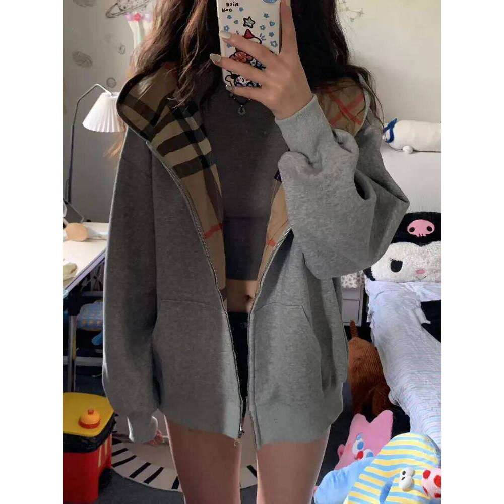 American Hooded Shoulder Plaid Hoodie For Women Designer Fashion New Hot Item, Early Autumn And Winter Korean Lazy Style Jacket
