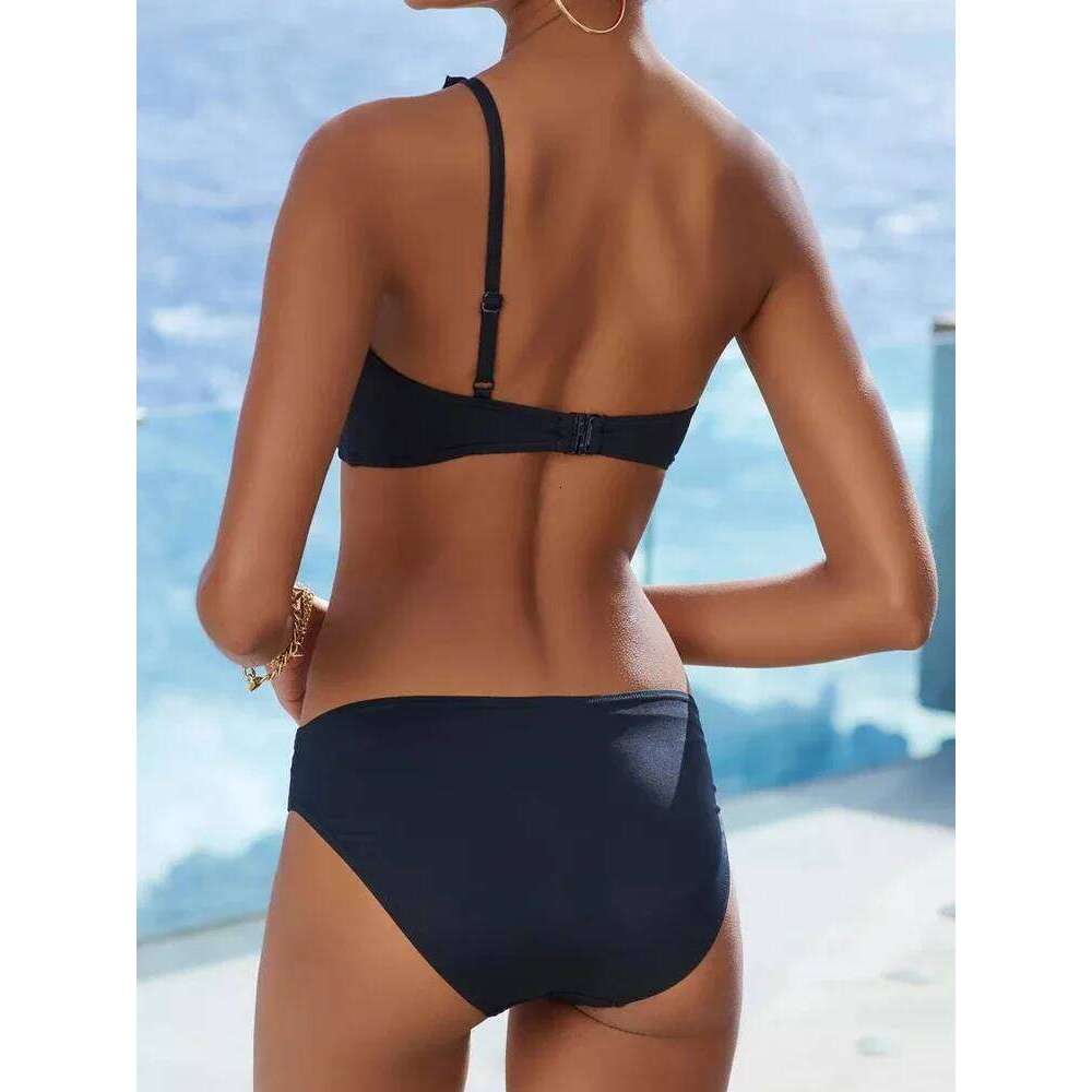 Bikini 2025 New Swimsuit Women Swimwear Solid Black One Shoulder Bikinis Set Bathing Suit Female Two Pieces Beach Wear Biquini C260207