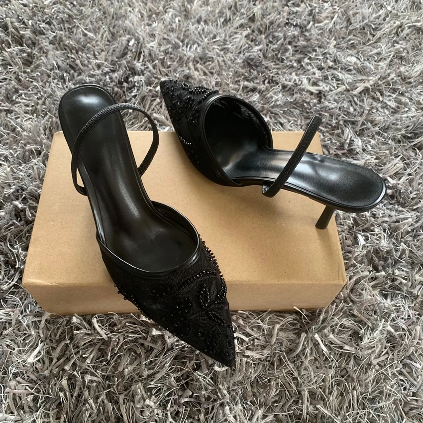 Black Embroidered Mesh Slingback High Heels Sandals for Women er Shoes Woman Elegant Style Wedding Party Pumps 260202