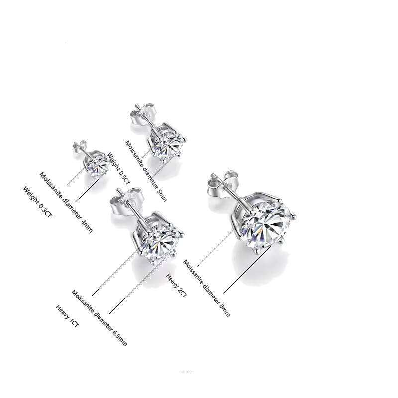 925 Silver 30 Minutes-2 Carat Classic 6 Claws Moissanite Earrings Male Female Hip Hop Rock Birthday Anniversary Gift For Couples