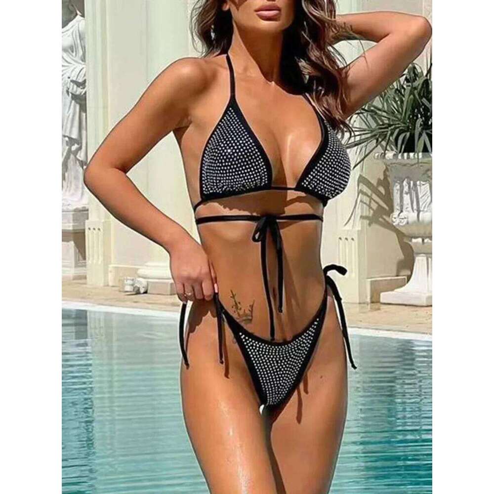 Shiny Sequins Wrap Around Jewelled Women Swimwear Female Swimsuit Two-pieces Bikini Set Halter Bathing Suit Swim Trend C260207