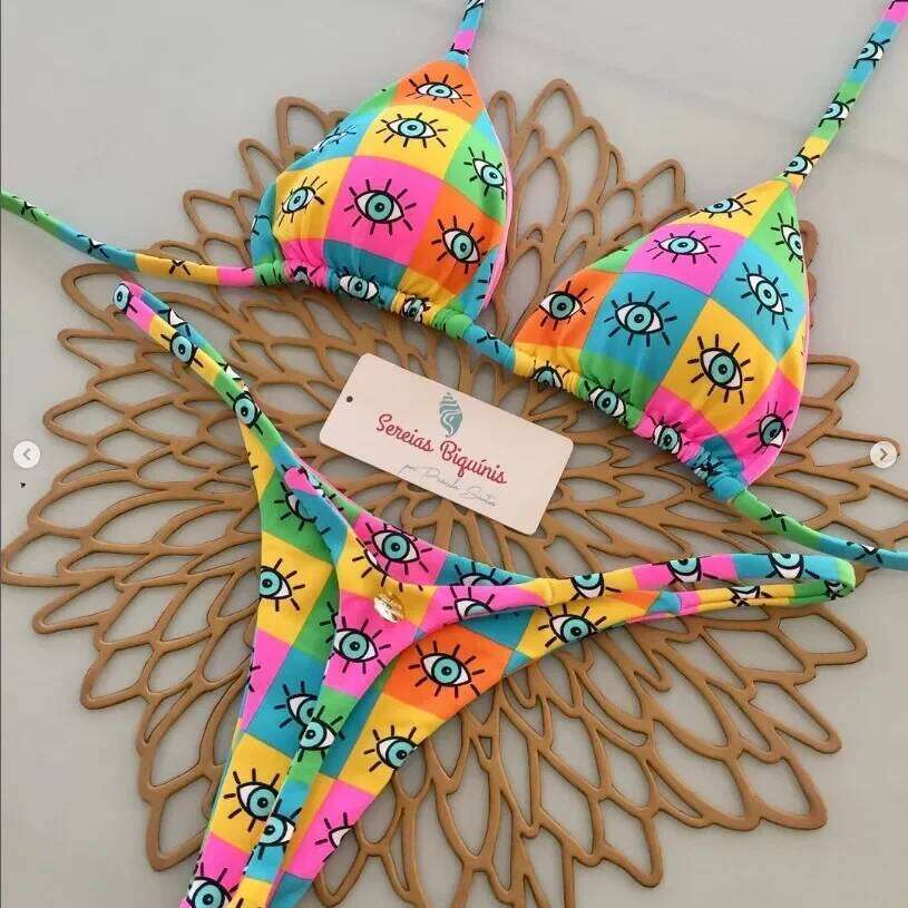 Print Sexy Bikini Sets Halter Lace-up Tops Thongs Beach Style Bathing Suit Y2k Swimsuits Women Beachwear 2025 C260207