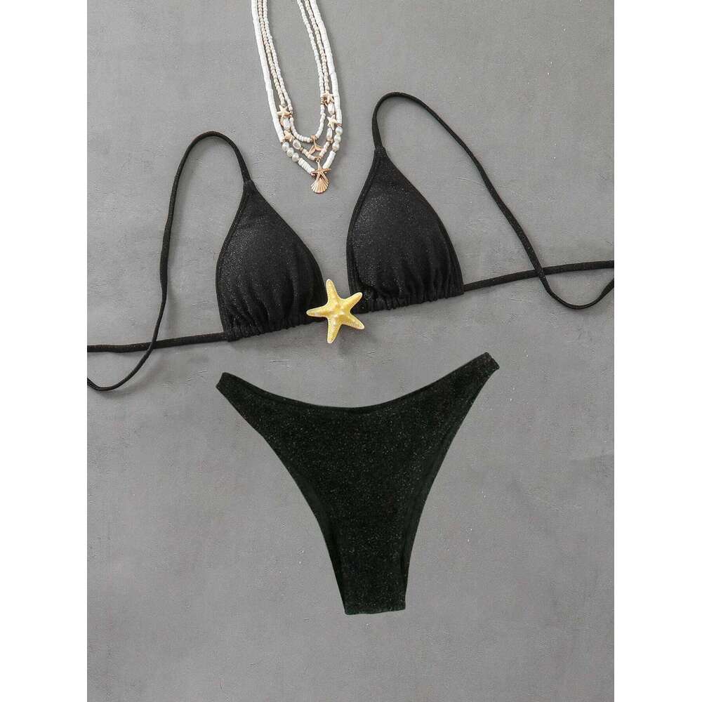 2026 New Sexy Halter Bikini Set Starfish Accessories Swimwear Women's Swimsuit Beachwear Black Green Lacing Up Bathing Suit C260207