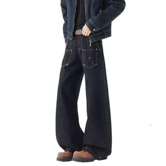 2026 Retro Black Bright Line Washed Scimitar Jeans Street Design Wide Leg Show High Brand Trousers Joggers Men