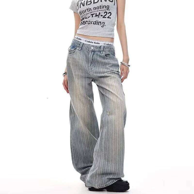 Y2K Baggy Striped Long Denim Jeans Loose High Street Micro Flared Cleanfit Casual Trousers For Womens