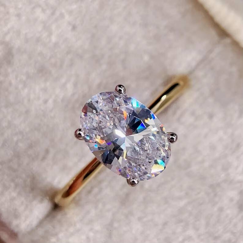 25CT 35CT Oval Cut Simulated Moissanite Solitaire Engagement Ring Two Tone 925 Sterling Silver 14K Gold Plated Rhodium Plated